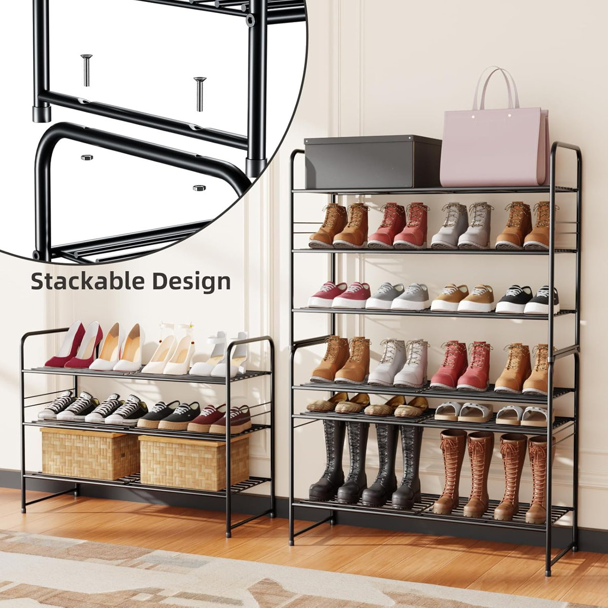 33'' Wide 3-Tier Metal Shoe Rack Shelf for Closet Stackable and Adjustable